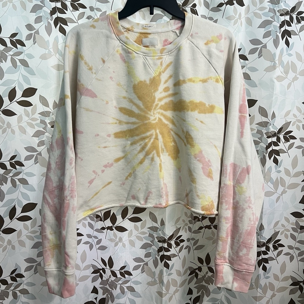 Mother Small The Loafer Crop Fray Sweatshirt Tie Dye Coral Haze & Lemon Medium